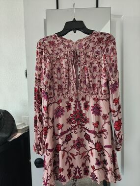 Pink Floral Embroidered Long-Sleeve Tunic Dress